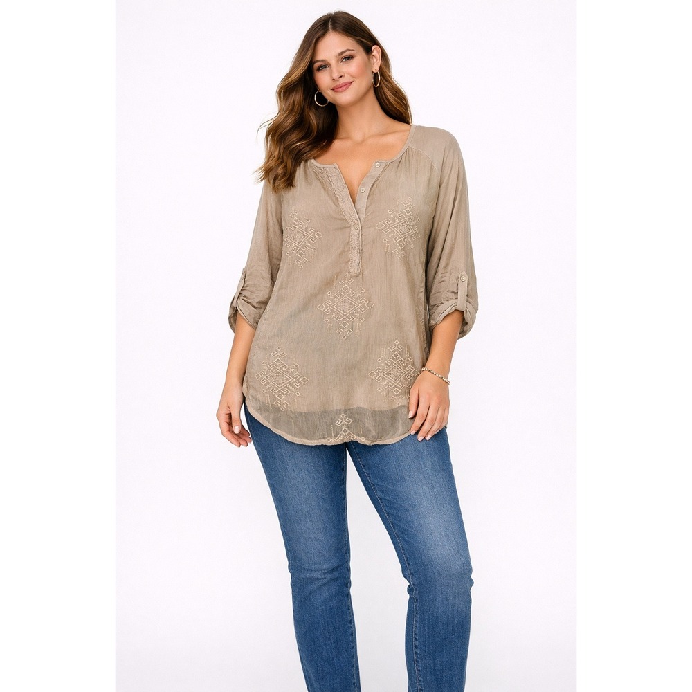 RXB Tan Embroidered Henley Blouse 3/4‎ Roll Tab Sleeve Boho Top M